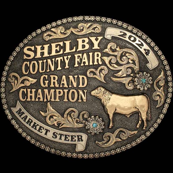 The Alexandria Custom Belt Buckle features a traditional Western style on an oval silver base. Customize this buckle design today with your own lettering and figure!